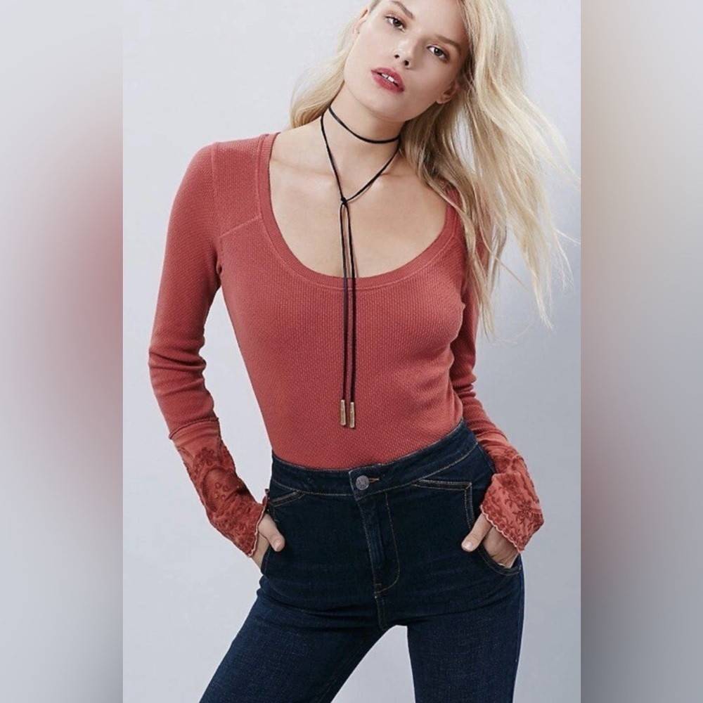 Free People Rust Lovely Lady Lace Crochet Cuff Waffle Thermal Small